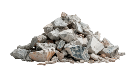Pile of construction rubble and concrete debris with demolished building material creating waste, showing the remains of destruction and renovation on a transparent background