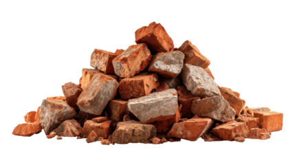 Pile of broken red bricks and construction debris representing demolition, ruin, and reconstruction, with a transparent background for easy overlay