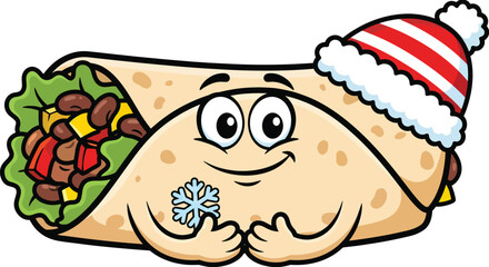 Cute cartoon burrito character wearing a festive santa hat holding a snowflake symbolizing winter holidays and mexican food fun
