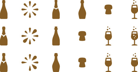 Collection of stylized golden brown champagne bottles corks and glasses with bubbles for celebrations and festive occasions