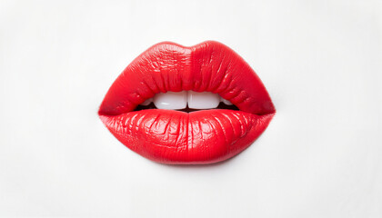 Obraz premium Close-up of luscious red lips with glossy finish on white background. Red lips showcase beautiful texture and captivating shine, symbolizing beauty and allure.