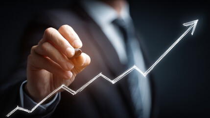 A Businessman In A Dark Suit Drawing An Upward Trending Arrow With A White Glowing Messaging App, Symbolizing Growth And Success.