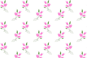 A delicate seamless pattern featuring soft pink tulips with green stems, scattered across a clean white background. Perfect for spring, wedding, or feminine designs.