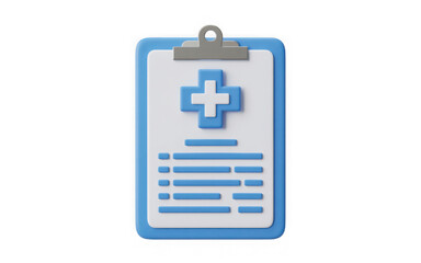 Medical health record on clipboard with cross icon 3d render. 3d illustration. PNG with transparent background