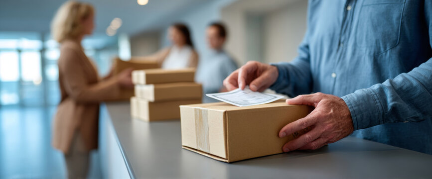 Close-up of man holding cardboard box with shipping label at counter while people exchange packages in background