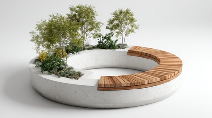 Modern circular concrete bench with wooden seating and integrated planters housing trees and greenery, a sleek sustainable seating solution for contemporary public spaces