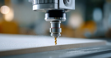 Close-up of CNC machine drilling into a flat wooden board in a modern workshop with dust particles in the air