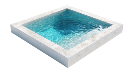 Square swimming pool filled with sparkling blue water, featuring a raw concrete surround and presented in an isometric view against a transparent background