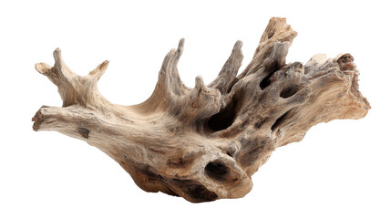 Driftwood root sculpture showing weathered natural wood texture with organic shape, forming a unique gnarled piece for decoration and aquatic environments on transparent background