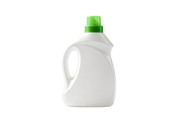 White plastic bottle with green cap for liquid laundry detergent
