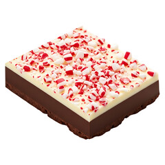 A delicious chocolate fudge dessert with white chocolate and crushed candy canes on top, isolated on a transparent background