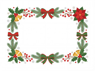 A clean, vector-style Christmas border composed of green holly leaves, red berries, pine boughs, gold bells, and prominent red and green bows, with scattered snowflakes.