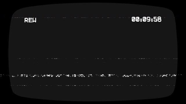 Rew VHS animation rewind VHS video tape screen on black background. Rewind VHS with Distortion Noise. 4K Video