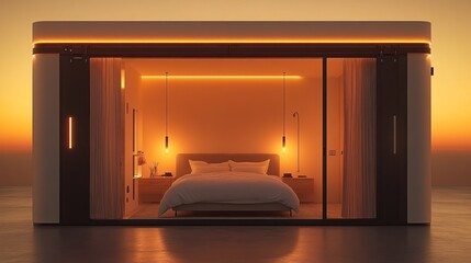 Modern, minimalist bedroom pod at sunset
