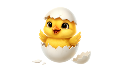 Smiling Yellow Chick Hatching From White Egg on white background
