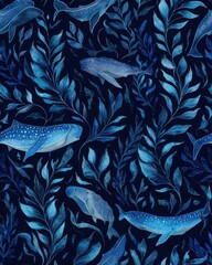 Deep Ocean Watercolor Whale and Marine Plants Seamless Pattern on Dark Background