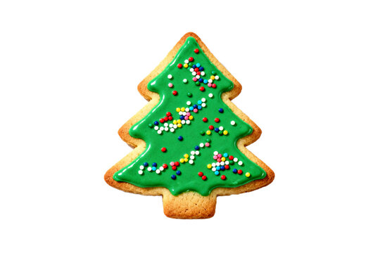 Christmas tree shaped cookie with green icing and colorful sprinkles