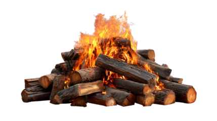 Bonfire logs burning with bright orange and yellow flames against a transparent background, providing warmth, heat, and a cozy atmosphere for outdoor activities