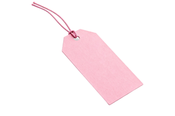 A pink rectangular tag with a string for hanging