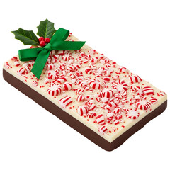 A delicious chocolate fudge dessert with white chocolate and crushed candy canes on top, isolated on a transparent background