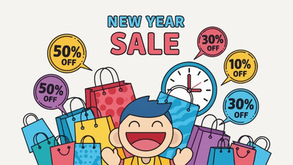 Fototapeta premium Vibrant New Year Sale Illustration Featuring Cartoon Mascot, Shopping Bags, and Festive Colors.