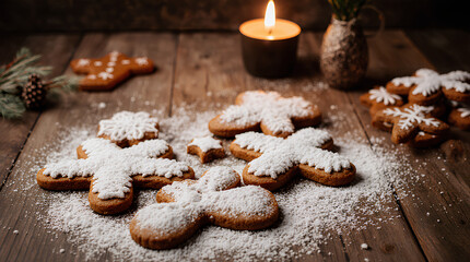 Cozy kitchen baking scene, gingerbread cookies, powdered sugar snow effect, warm lighting, holiday mood, realistic photography
