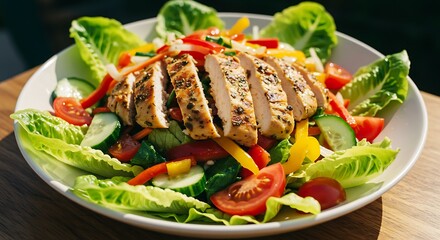 Healthy grilled chicken breast over fresh garden salad.