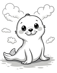 Obraz premium Cute cartoon seal pup with fluffy clouds, black and white illustration