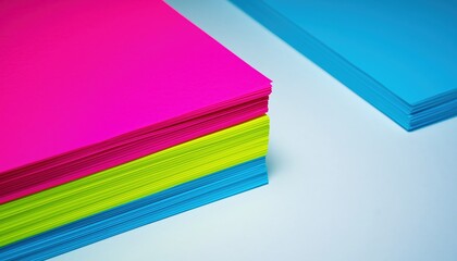 A vibrant stack of bright neon paper in shades of pink green and blue on a clean white desk