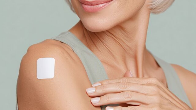 Smiling woman with nicotine patch on shoulder promoting healthy lifestyle for quitting smoking