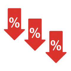 Red downward arrows with percentage symbols indicating discount or sale isolated on transparent background