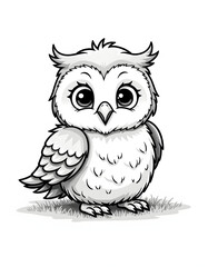 Fototapeta premium Adorable cartoon owl illustration in black and white, perfect for children's books