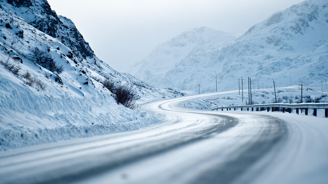 Winding snowy road cutting through a mountainous landscape under a cloudy sky. - Powered by Adobe