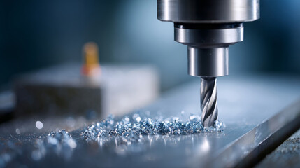 Close-up of a CNC milling machine cutting metal with metal shavings scattered on the surface in an industrial workshop