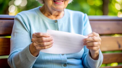 Happy senior woman reading letter in park, embracing joyful lifestyle that represents our aging population and reflects positive side of changing demographics