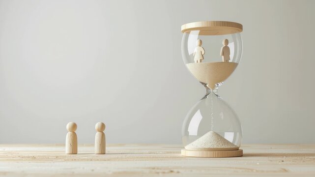 Wooden figure in an hourglass, poignant metaphor exploring aging population, shifting demographics, mortality, and finite passage of life and concept of time