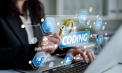 Image showcases a person examining coding concepts on a laptop using a magnifying glass, emphasizing data structure, testing, and process in a professional workspace. Tessel
