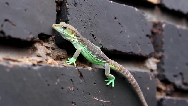 Green Lizard Climbing Dark Brick Wall in Close Up Shot.