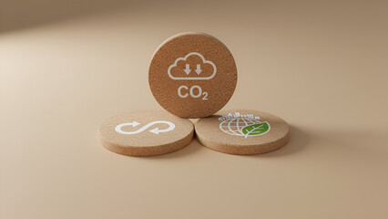 Wooden Blocks with CO2 and Sustainability Icons: Eco-Friendly Concept, Carbon Footprint Awareness

