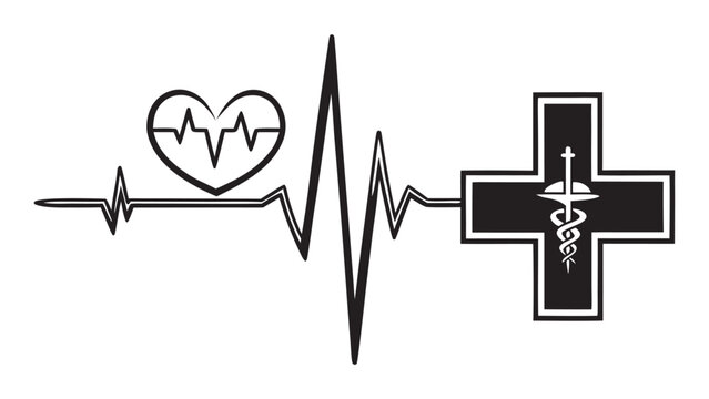 Medical heartbeat electrocardiogram line with caduceus symbol and heart icon - Powered by Adobe