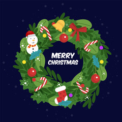 A Christmas wreath illustration on a dark blue background with a cute snowman, candy canes, ornaments, a golden bell, and a stocking. The center says "Merry Christmas", flat design style.