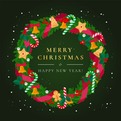 A festive green Christmas wreath illustration adorned with red ribbon, golden bells, gingerbread cookies, candy canes, and holly berries. dark background, flat design style.