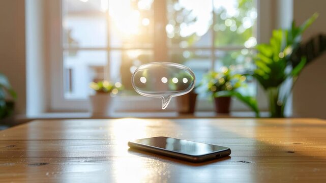 Smartphone on wooden table displays futuristic ai chat with virtual companion. floating speech bubble provides seamless daily communication and warm, helpful technology conversation