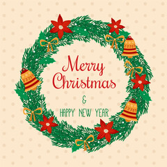 A classic Christmas wreath illustration made of pine branches with poinsettia flowers, golden bells, and small bows on a pale spotted background. hand drawn vector style.