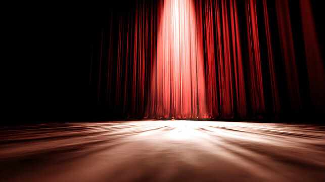 mortification. Theater curtain rises on an empty stage under a single dramatic spotlight. event programs, museum guides, designed for cultural heritage projects and event programs.