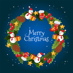 A cute Christmas wreath illustration on a dark blue background featuring four snowmen, stars, pine cones, mittens, and stockings. The center message reads "Merry Christmas", flat cartoon style.