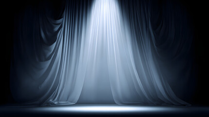 mortification. Theater curtain rises on an empty stage under a single dramatic spotlight. event programs, museum guides, designed for cultural heritage projects and event programs.