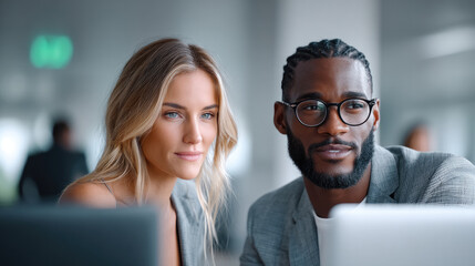 Professional business team working together in modern office, focused and confident, diverse colleagues collaborating on project