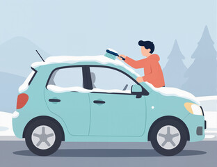 A man is removing snow from the roof of a car on a cold winter day, dressed in a warm jacket while surrounded by snowy trees and mountains in the background