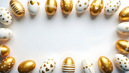 Elegant golden Easter eggs with white and gold patterns on a white background